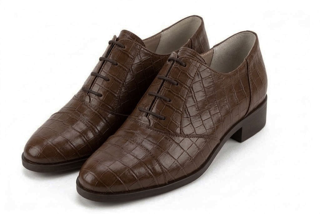 Women's dark brown classic oxfords and derby shoes with round toe and chunky rubber lug sole - Front view
